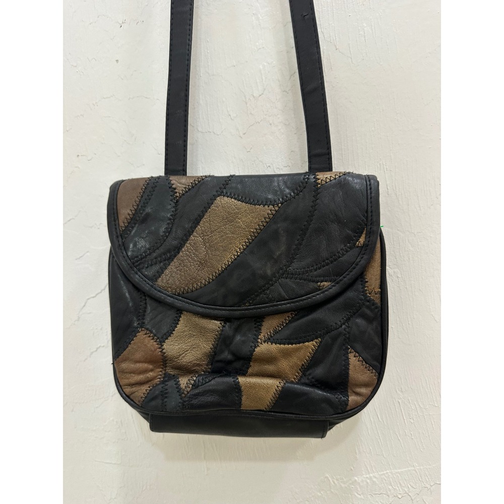 Empire-Orr Vintage Patchwork Leather Crossbody Bag Black Bronze Boho Small